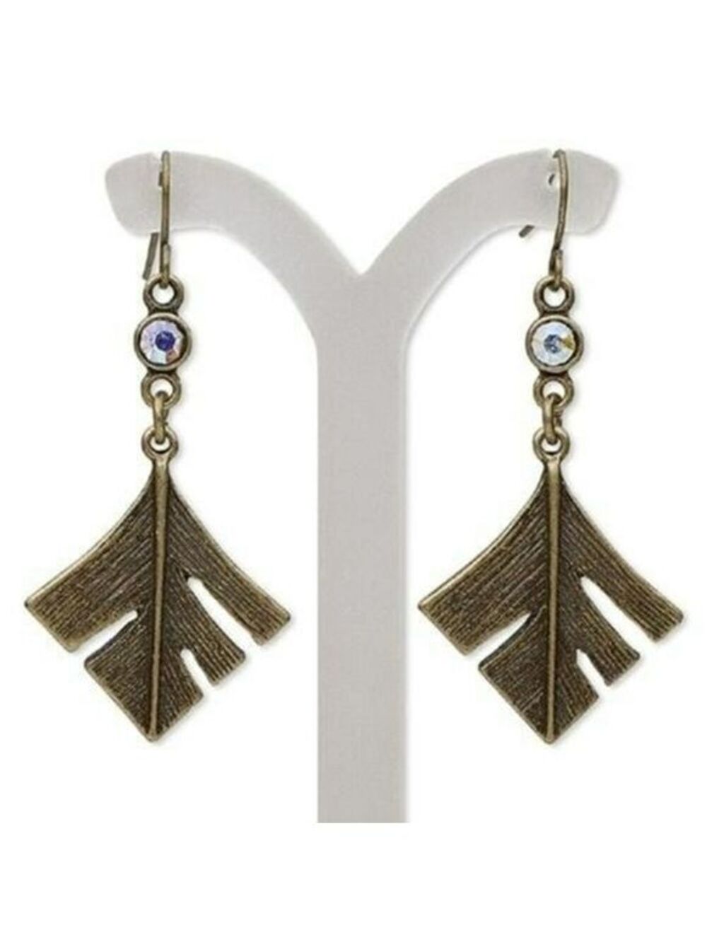 Antiqued Brass Carved Geometric Leaf and Czech Crystal Steampunk Dangle Earrings